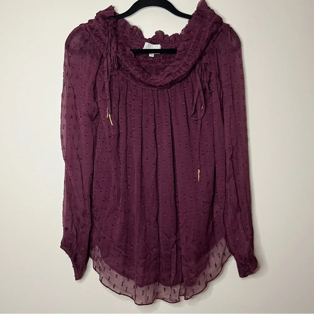 ANTHRO RAHI CALI Off Shoulder Clip Dot Sheer Gold Ties Longsleeve Blouse Top